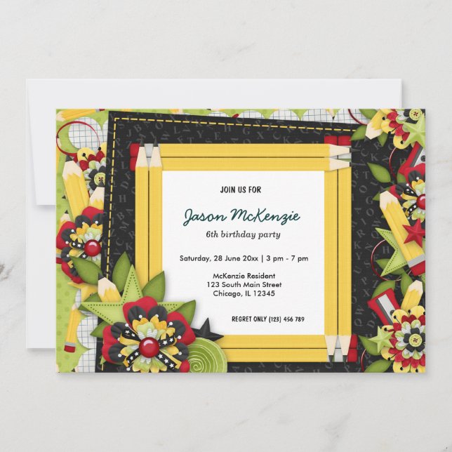 Invitación Tema de cumpleaños escolar (Anverso)