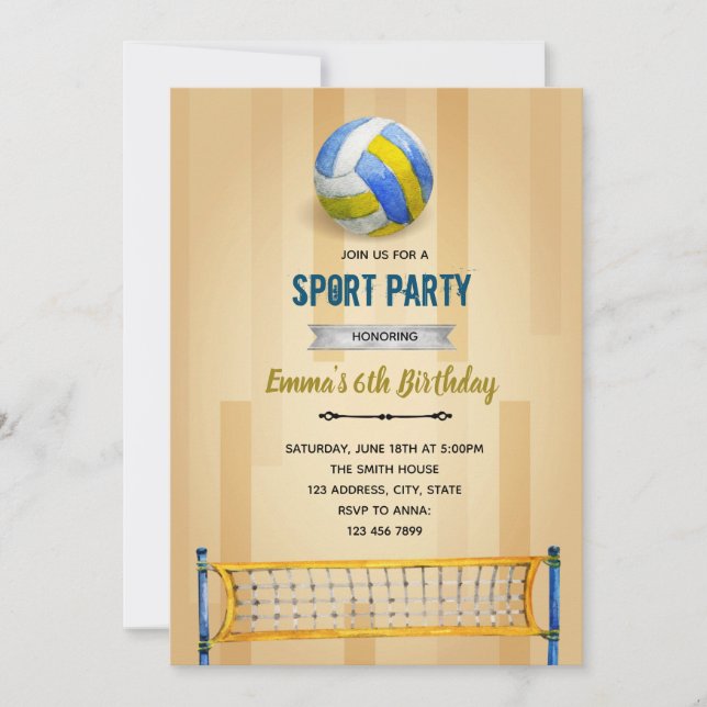 Invitación tema de cumpleaños fiesta de voleibol (Anverso)
