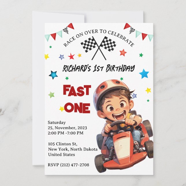 Invitación Tema de Cumpleaños Infantil de Carreras de Autos d (Anverso)