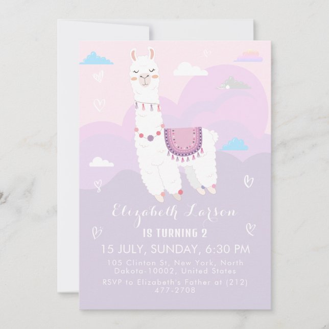 Invitación Tema de Cumpleaños Infantil de Llama Bonita con Co (Anverso)