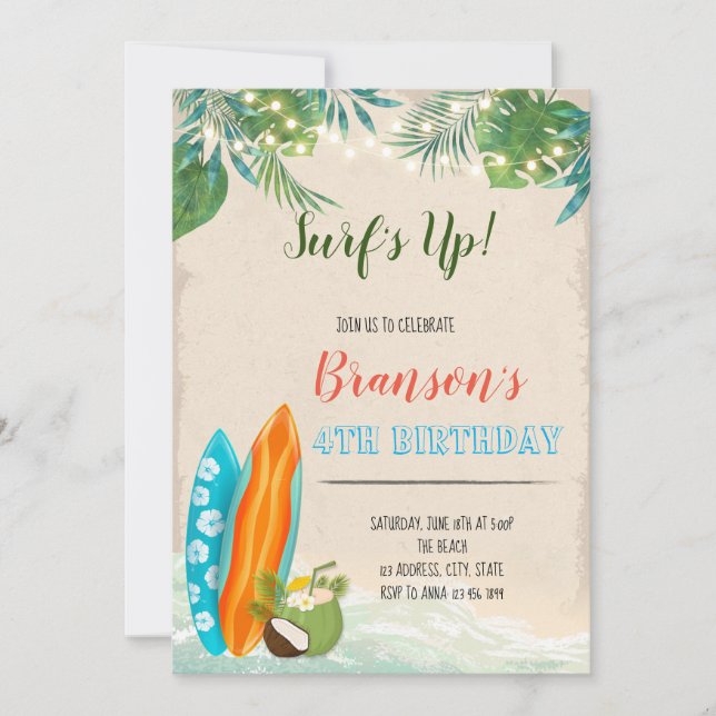 Invitación Tema de cumpleaños luau chico surfista (Anverso)