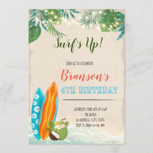 Invitación tema de cumpleaños luau de chico surfista