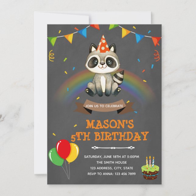 Invitación Tema de cumpleaños mapache arcoíris (Anverso)