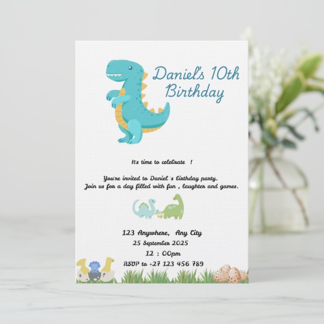 Invitación Tema de dinosaurio azul lindo (Anverso de pie)