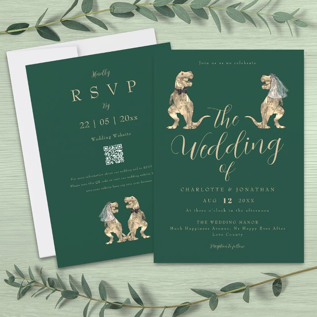 Invitación Tema de Dinosaurios Boda Verde (Dinosaur theme wedding dark green QR code invitation funny T-Rex dino Bride & groom elegant script )