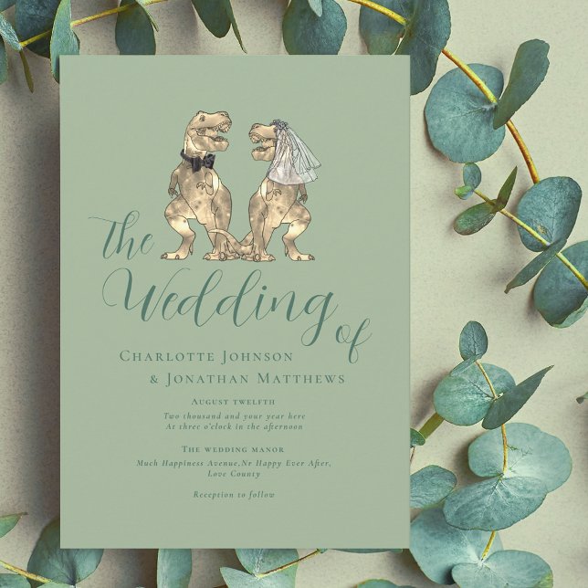 Invitación Tema de Dinosaurios Sage Green Boda (Dinosaur theme wedding sage green elegant modern script invitation fun T-Rex bride and groom)