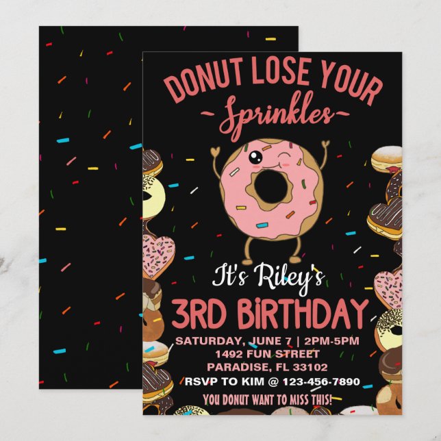 Invitación Tema de donut para cumpleaños número 3 cita divert (Anverso / Reverso)