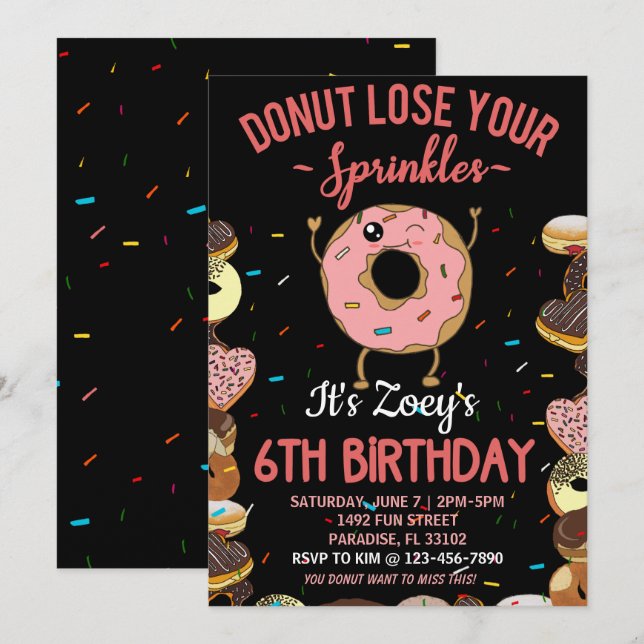 Invitación Tema de donut para cumpleaños número 6 cita divert (Anverso / Reverso)