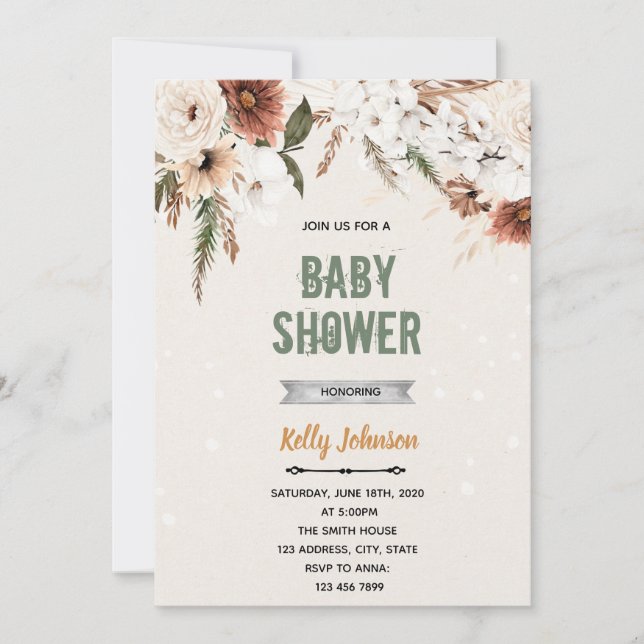 Invitación tema de ducha de flores boho (Anverso)