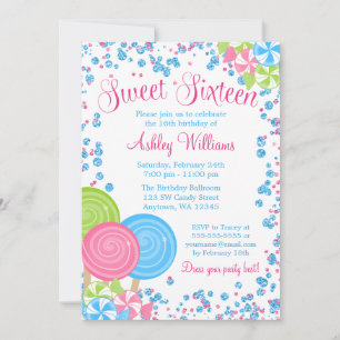 Invitación Tema de Dulces Azules con Brillo Falso Dulces 16