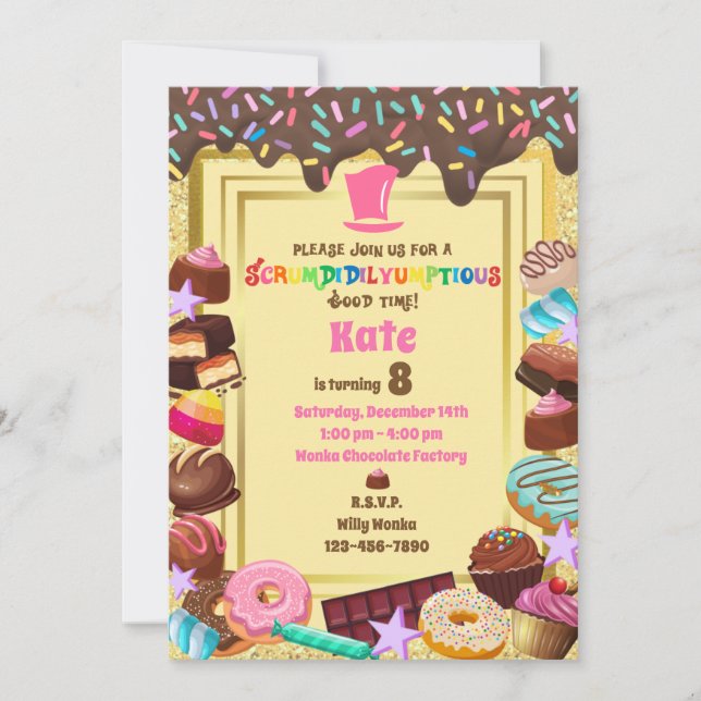 Invitación Tema de dulces, chocolate, comida, donas, arcoíris (Anverso)