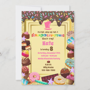 Invitación Tema de dulces, chocolate, comida, donas, arcoíris