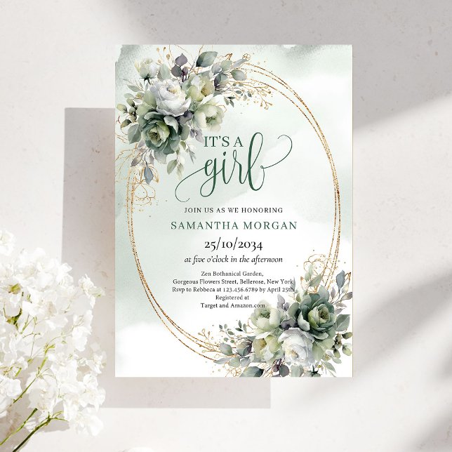 Invitación Tema de eucalipto verde polvoriento boho para dulc (Boho Dusty Green Eucalyptus Theme For Sweet It’s A Girl Invite)