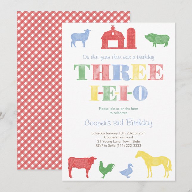 Invitación Tema de Farmyard Tres Fiestas de cumpleaños (Anverso / Reverso)