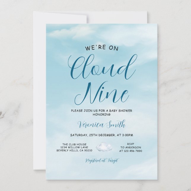 Invitación Tema de fiesta de bebé Cloud Nine Cielo Azul Elega (Anverso)