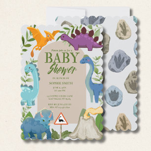 Invitación Tema de fiesta de bebé de dinosaurios, volcán, T-R