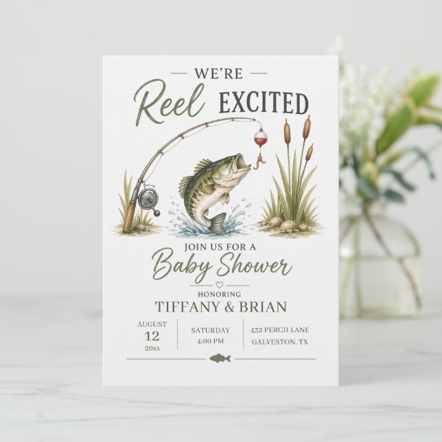 Invitación Tema de Fiesta de Bebé de Pesca de Lubina Emociona (Anverso de pie)
