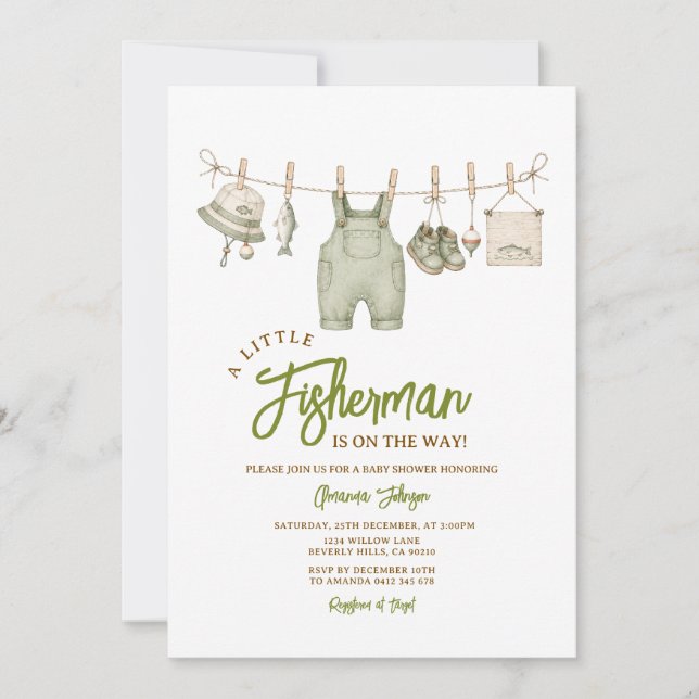 Invitación Tema de Fiesta de Bebé de Pesca en Verde Salvia (Anverso)