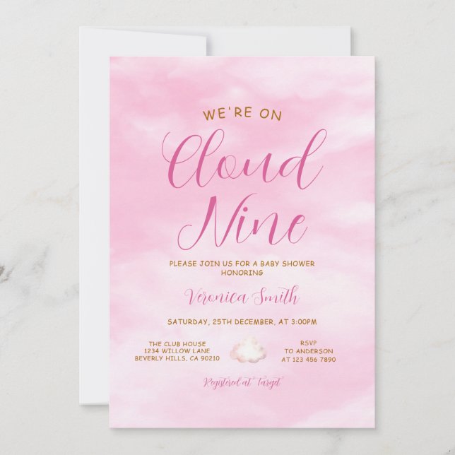 Invitación Tema de fiesta de bebé Nube Nueve Rosa Elegante (Anverso)