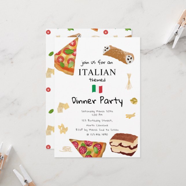 Invitación Tema de fiesta de cena de pizza y pasta de comida  (Anverso/Reverso In Situ)