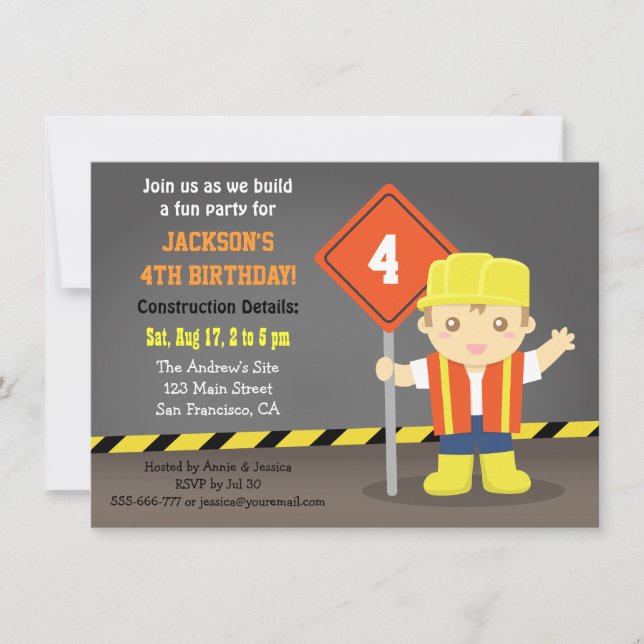 Invitación Tema de fiesta de cumpleaños de Construcción de Bu (Anverso)