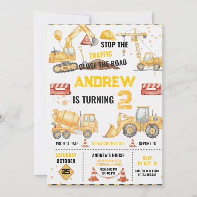Invitación tema de fiesta de cumpleaños de construcción perso (Anverso)