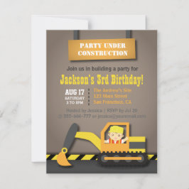Invitación Tema de fiesta de cumpleaños de excavadora naranja
