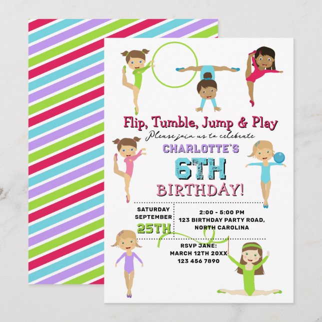 Invitación Tema de fiesta de cumpleaños de niñas de gimnasia (Anverso / Reverso)