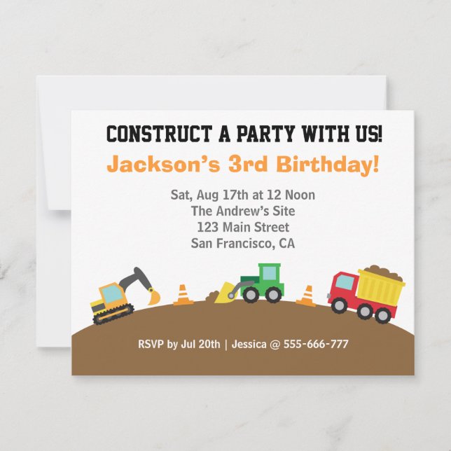 Invitación Tema de fiesta de cumpleaños de vehículos de const (Anverso)