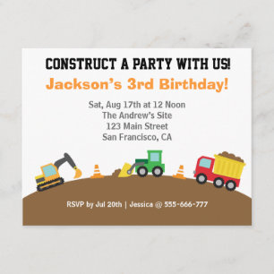 Invitación Tema de fiesta de cumpleaños de vehículos de const