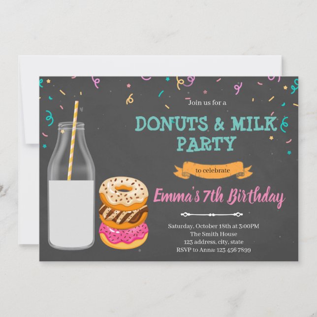 Invitación Tema de fiesta de donas y leche (Anverso)