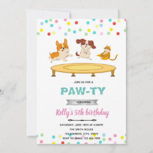 Invitación tema de fiesta de gato perro salto en trampolín