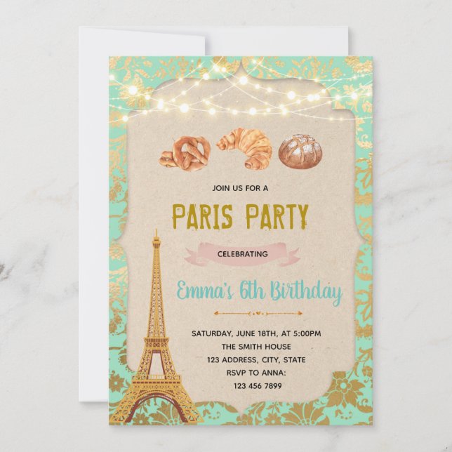 Invitación tema de fiesta de panadería de París azul verdoso (Anverso)
