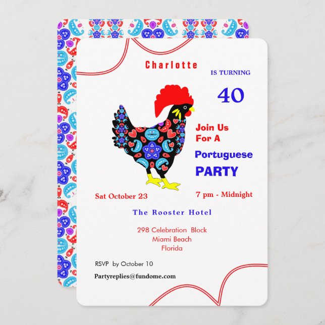 Invitación Tema de fiesta del Gallo de Barcelos Portugués (Anverso / Reverso)