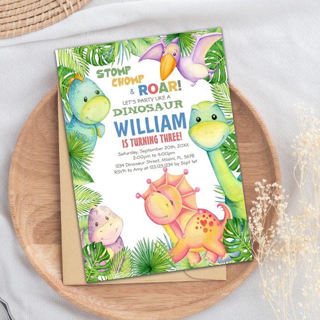 Invitación Tema de Fiesta prehistórico para niños (Green watercolor Dinosaur Birthday Invitations)