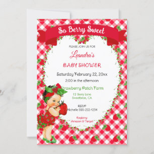 Invitación Tema de Fresa Bebé Niña Cuadro Rojo Verde 