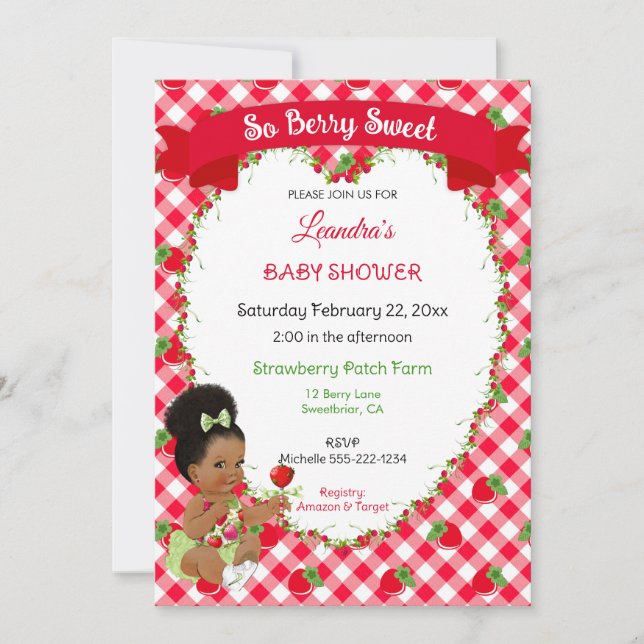 Invitación Tema de Fresa Bebé Niña Cuadro Rojo Verde  (Anverso)