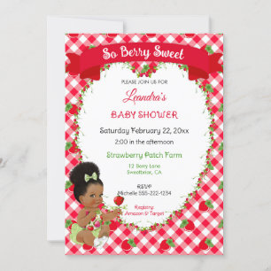Invitación Tema de Fresa Bebé Niña Cuadro Rojo Verde