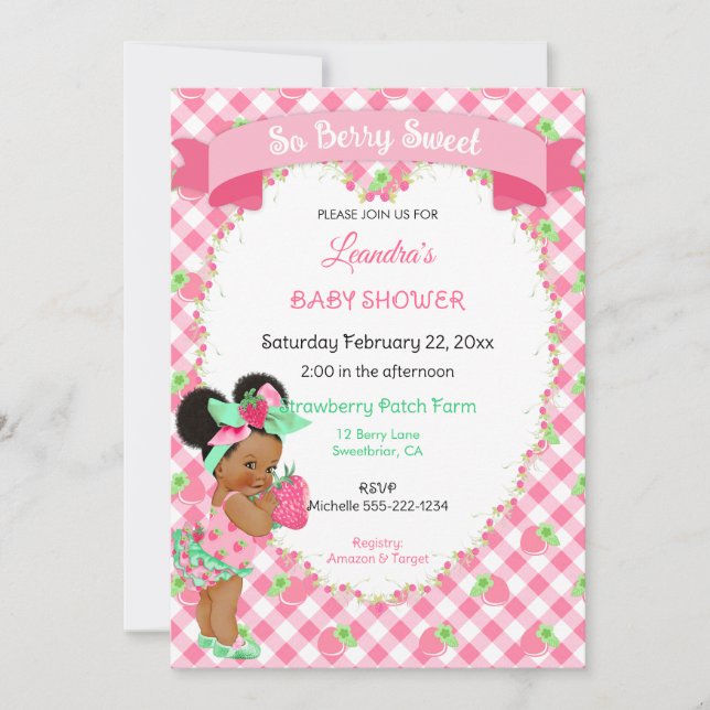 Invitación Tema de fresa Bebé Niña Gingham Pink Mint (Anverso)