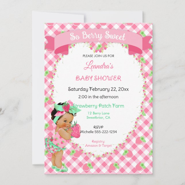 Invitación Tema de fresa Bebé Niña Gingham Pink Mint (Anverso)