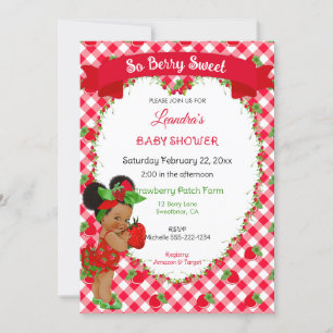 Invitación Tema de Fresa Bebé Niña Gingham Rojo Verde