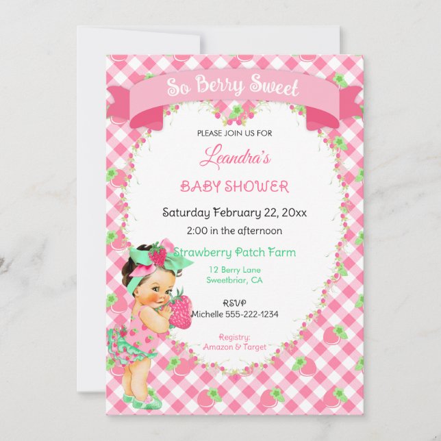 Invitación Tema de Fresa Bebé Niña Gingham Rosa Menta (Anverso)