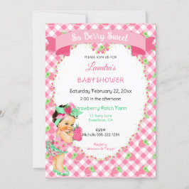 Invitación Tema de Fresa Bebé Niña Gingham Rosa Menta 