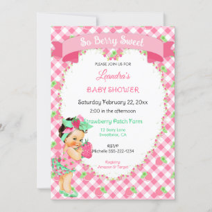 Invitación Tema de Fresa Bebé Niña Gingham Rosa Menta 