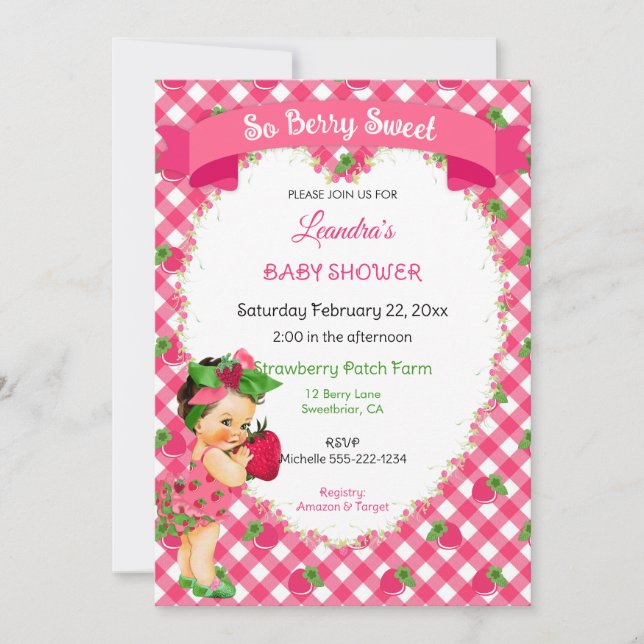 Invitación Tema de Fresa Bebé Niña Gingham Rosa Verde (Anverso)