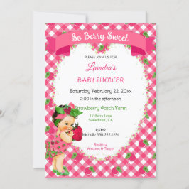 Invitación Tema de Fresa Bebé Niña Gingham Rosa Verde 