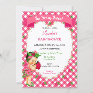 Invitación Tema de Fresa Bebé Niña Gingham Rosa Verde 