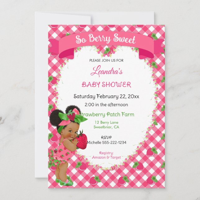 Invitación Tema de fresa Bebé Niña Gingham Verde Rosa (Anverso)