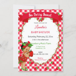 Invitación Tema de Fresa Niña Bebé Cuadros Rojo Verde 