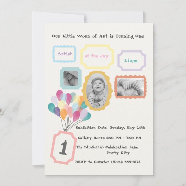 Invitación Tema de Galería de Arte - Pastel Cumpleaños de 1er (Anverso)